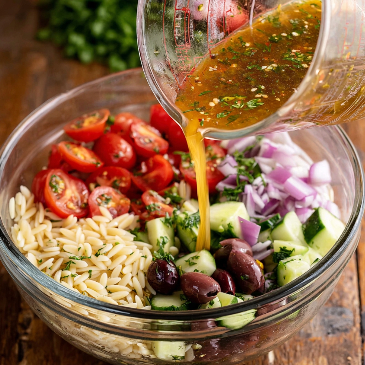 Greek orzo salad ingredients in a glass mixing bowl as a golden herb vinaigrette is being poured over tomatoes, cucumber, red onion, olives, and orzo.