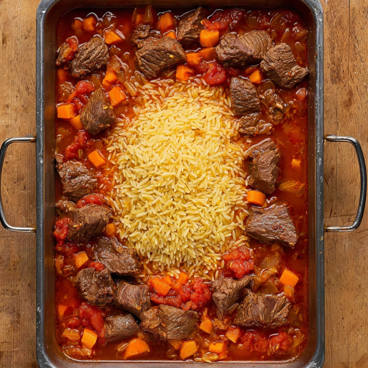 A rectangular baking pan filled with Greek beef stew in tomato sauce with carrots and onions, topped in the center with uncooked orzo pasta, placed on a wooden table, photographed from above.
