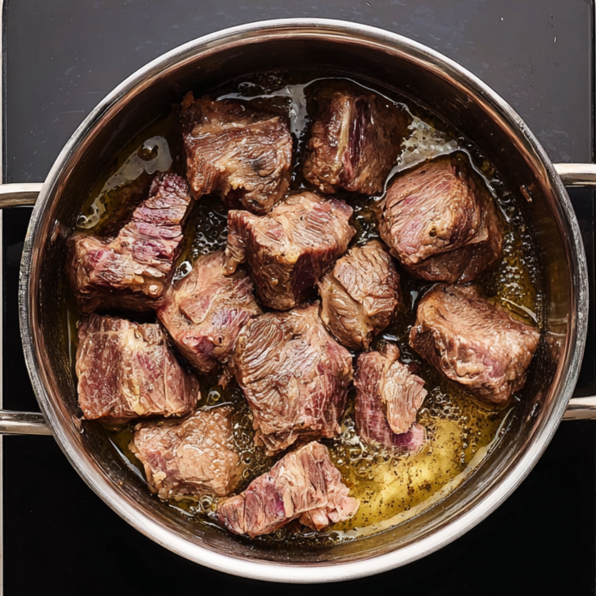 Chunks of beef browning in olive oil inside a stainless steel pot on a stovetop, shown from a top-down view during the cooking process.