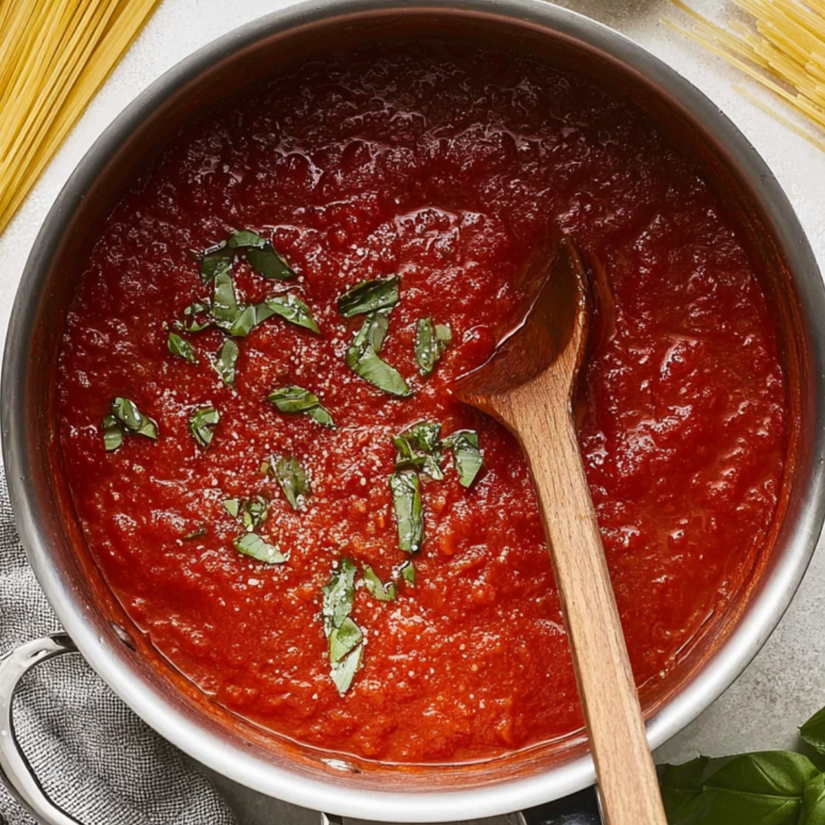 Overhead view of homemade marinara sauce in a pot with wooden spoon and fresh basil.