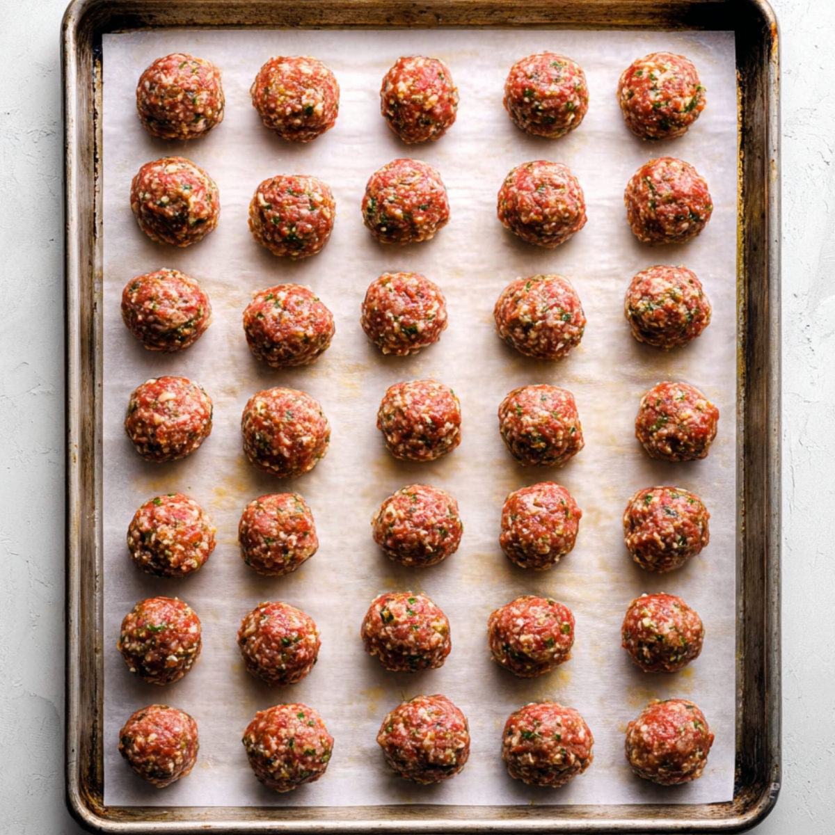 Raw homemade meatballs arranged on a parchment-lined baking sheet before cooking.