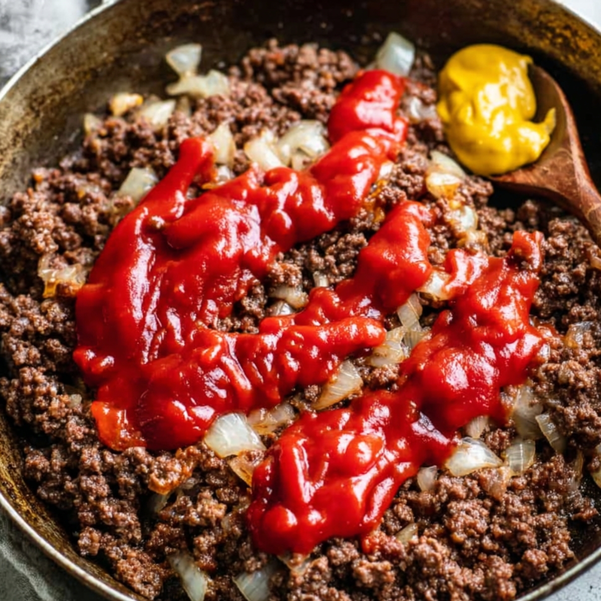 Skillet filled with browned ground beef and diced onions topped with ketchup and mustard, with a wooden spoon resting on the side.