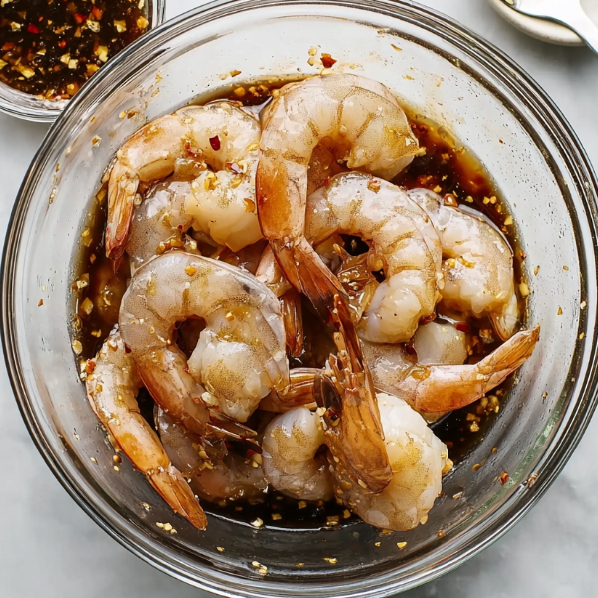 Raw shrimp marinating in a glass bowl filled with a dark honey garlic sauce, with visible minced garlic and red pepper flakes.