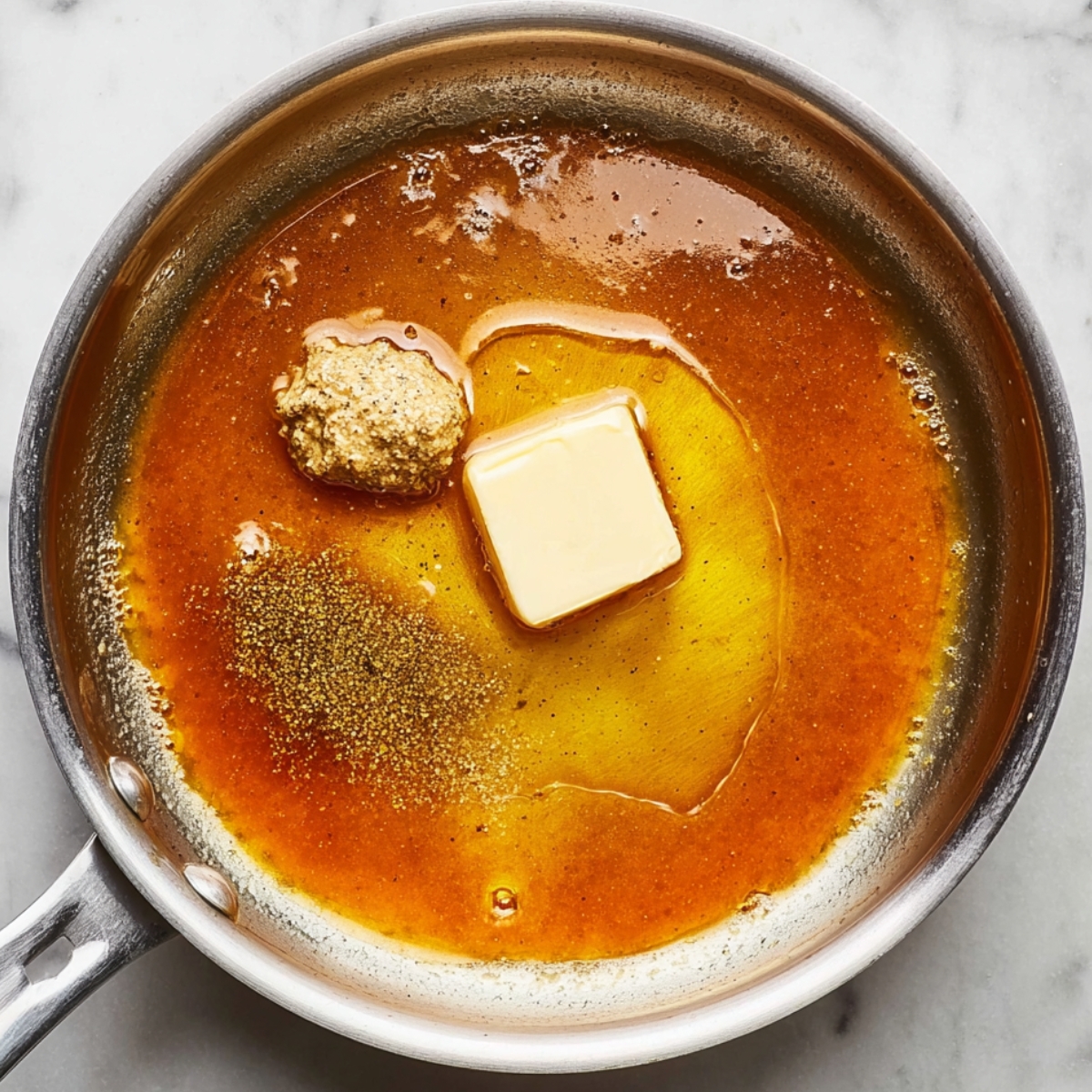Top-down view of a stainless steel skillet filled with golden honey mustard sauce, a pat of butter melting in the center, whole grain mustard, and seasoning beginning to blend together.