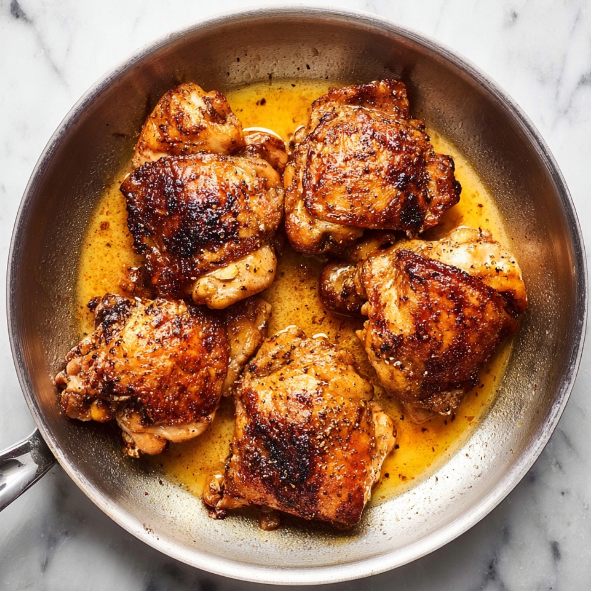 Overhead shot of crispy seared chicken thighs cooking in a stainless steel skillet with golden pan juices and caramelized seasoning on a white marble surface.