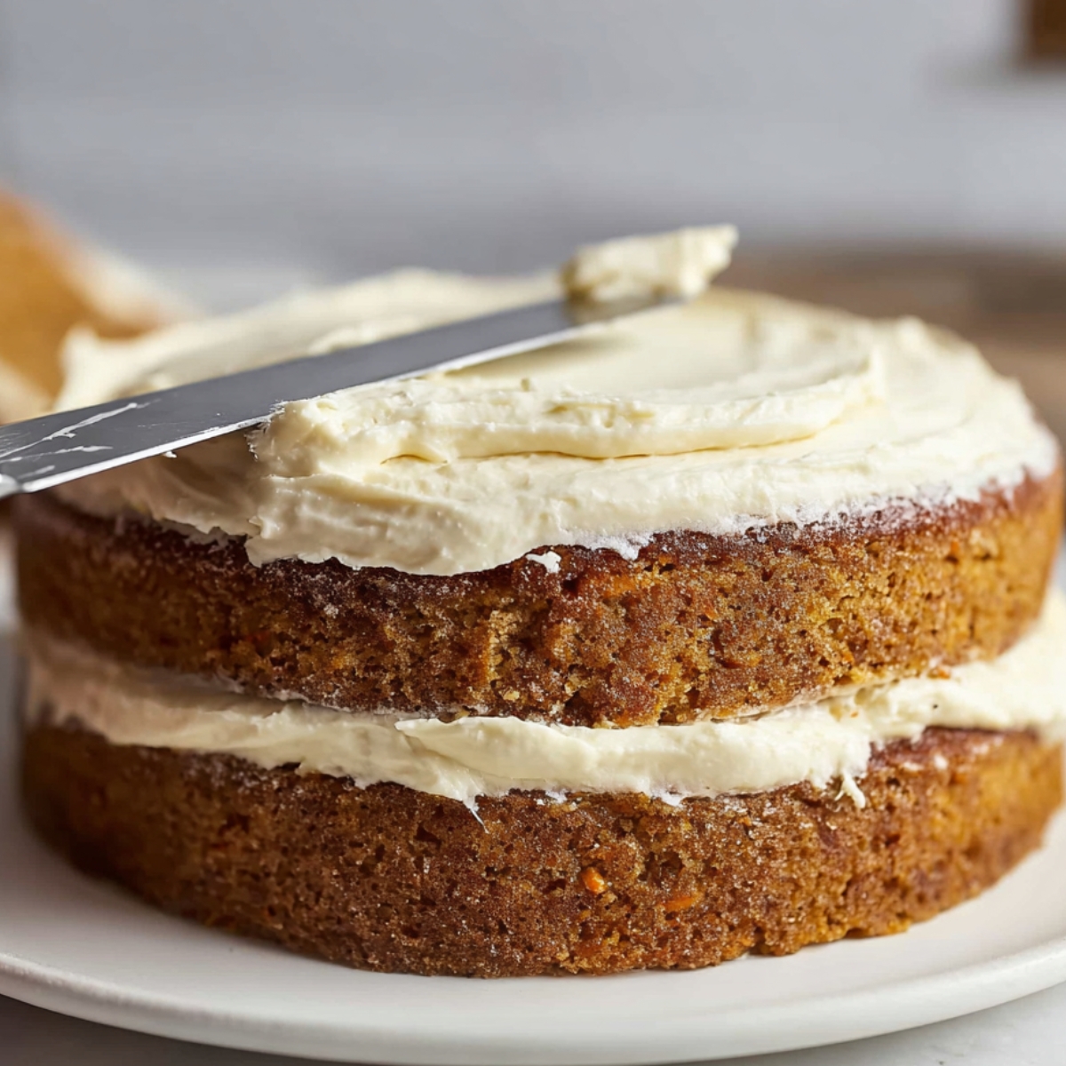 Close-up of a two-layer carrot cake on a white ceramic plate while thick cream cheese frosting is being spread smoothly on top using a metal offset spatula, visible middle frosting layer, moist golden-brown cake texture, soft natural light, shallow depth of field, realistic textures, cozy kitchen atmosphere, high-resolution food photography.