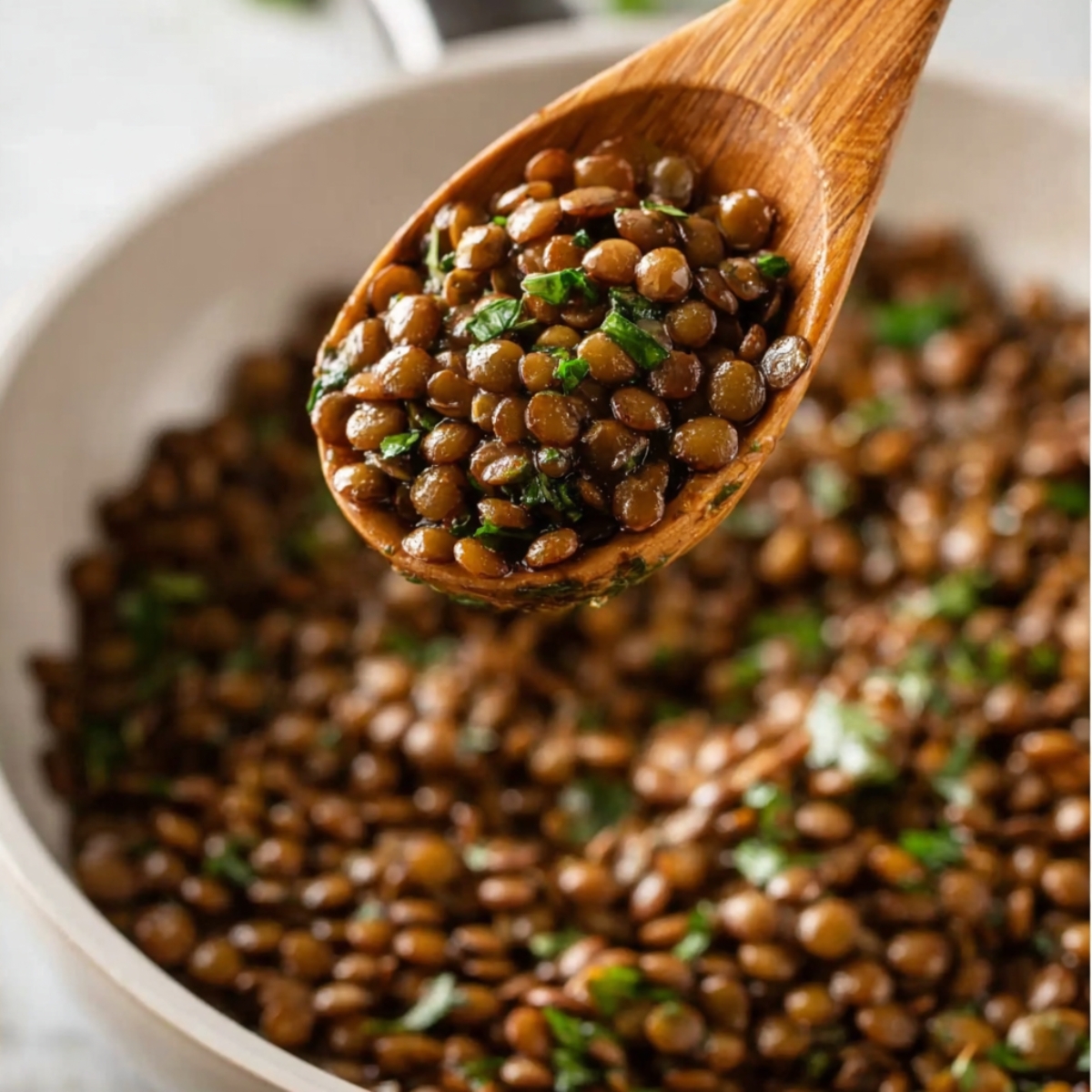 Lentils with Fresh Herbs: A wooden spoon is scooping up perfectly cooked lentils, which are mixed with fresh herbs for a flavorful dish. The lentils appear tender and slightly glossy, likely seasoned with olive oil or a light sauce.