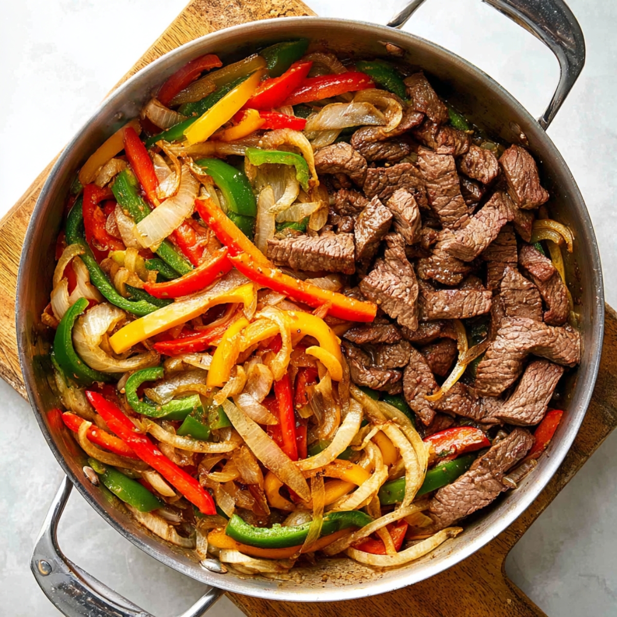This image features a skillet with sautéed strips of beef alongside vibrant peppers and onions. This is the cooking process where the filling is prepared before layering into the casserole.