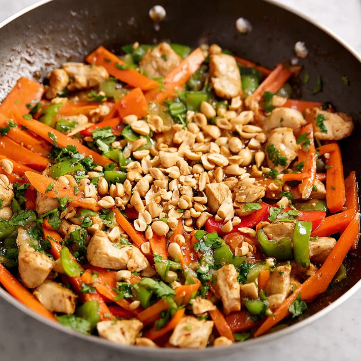 Close up of a stir-fry with chicken, fresh vegetables like carrots and bell peppers, and crunchy peanuts being sautéed together in a pan.