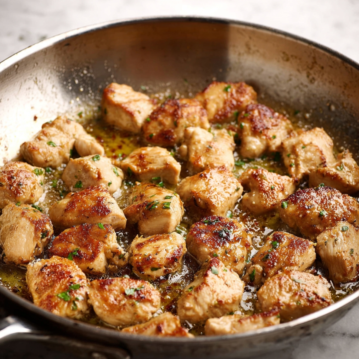 Close up of tender chicken pieces searing in a pan, with golden-brown edges forming as they cook in savory juices.