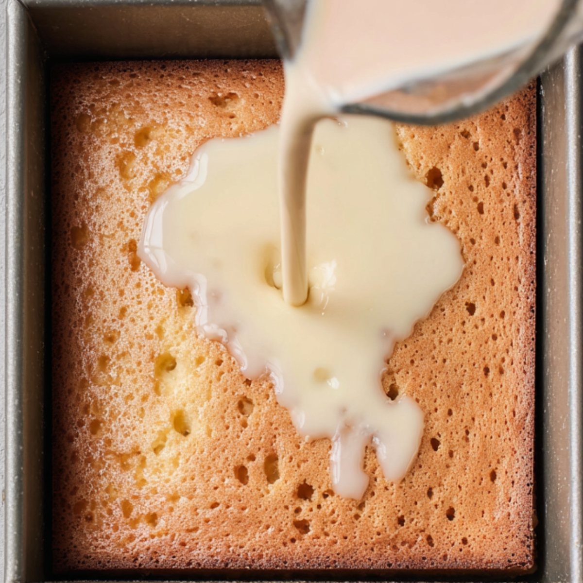 Overhead view of a square sponge cake in a metal baking pan as a creamy milk mixture is poured from a glass measuring cup onto the surface, soaking into the porous cake.