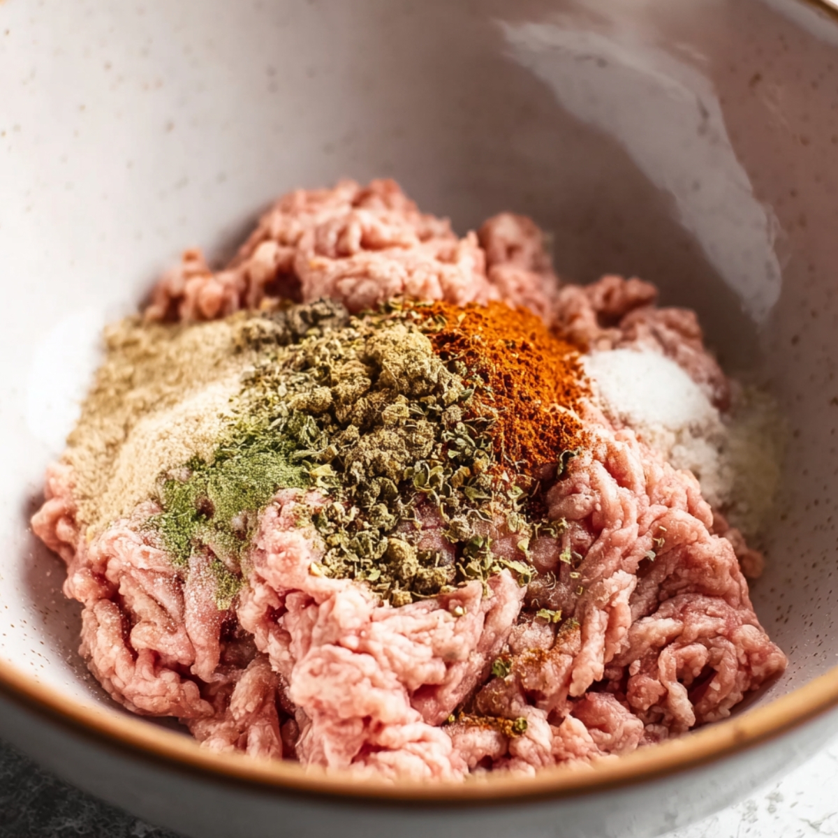Maple Sage Breakfast Sausage in the Making: Mixing flavorful spices with ground turkey to create a mouth-watering dish.