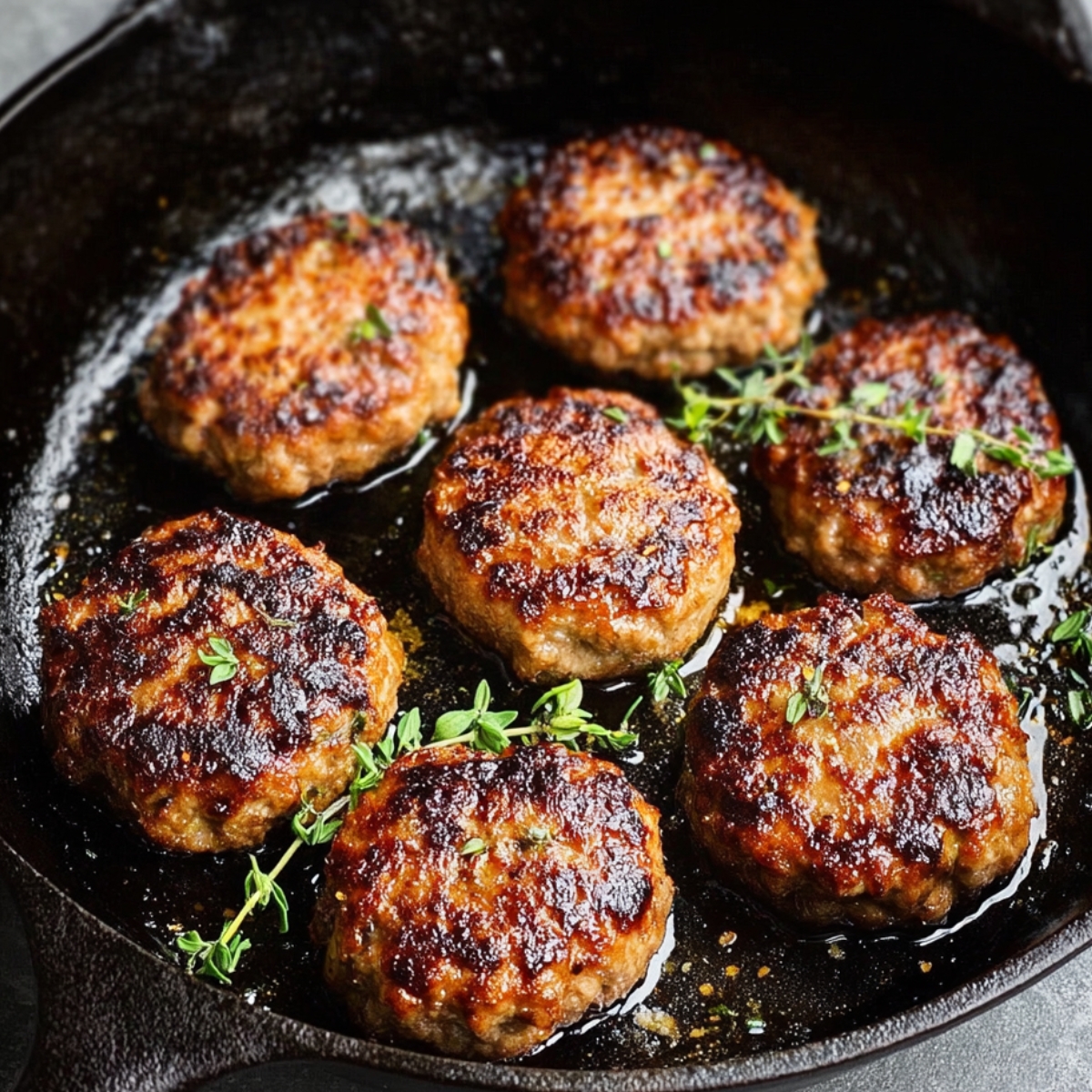 Perfectly Pan-Fried Maple Sage Sausage Patties: Crispy and golden brown, garnished with fresh thyme for a savory breakfast.