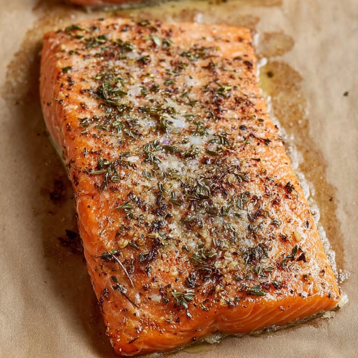A close-up of a seasoned salmon fillet on a parchment-lined baking sheet, topped with fresh herbs like thyme, ready for baking. The salmon shows a slight glaze from the herbs and oil, with crispy edges forming around the fillet.