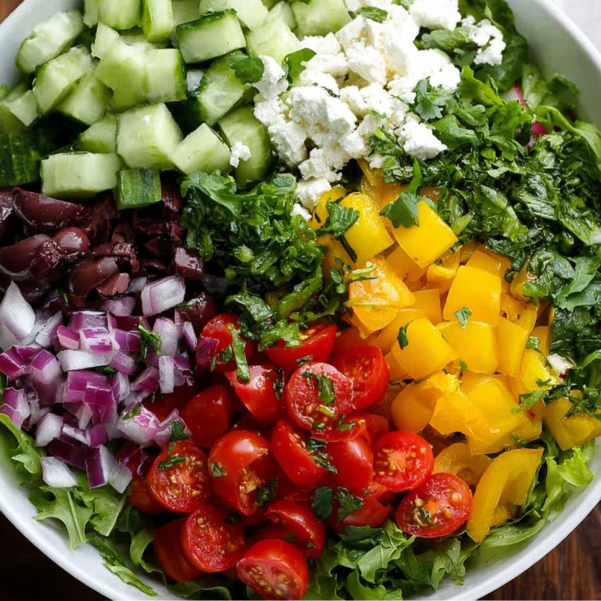 A beautifully arranged Mediterranean salad featuring chopped cucumber, feta cheese, yellow bell pepper, cherry tomatoes, Kalamata olives, red onions, and fresh herbs. The ingredients are neatly divided in the bowl, highlighting their colorful freshness.