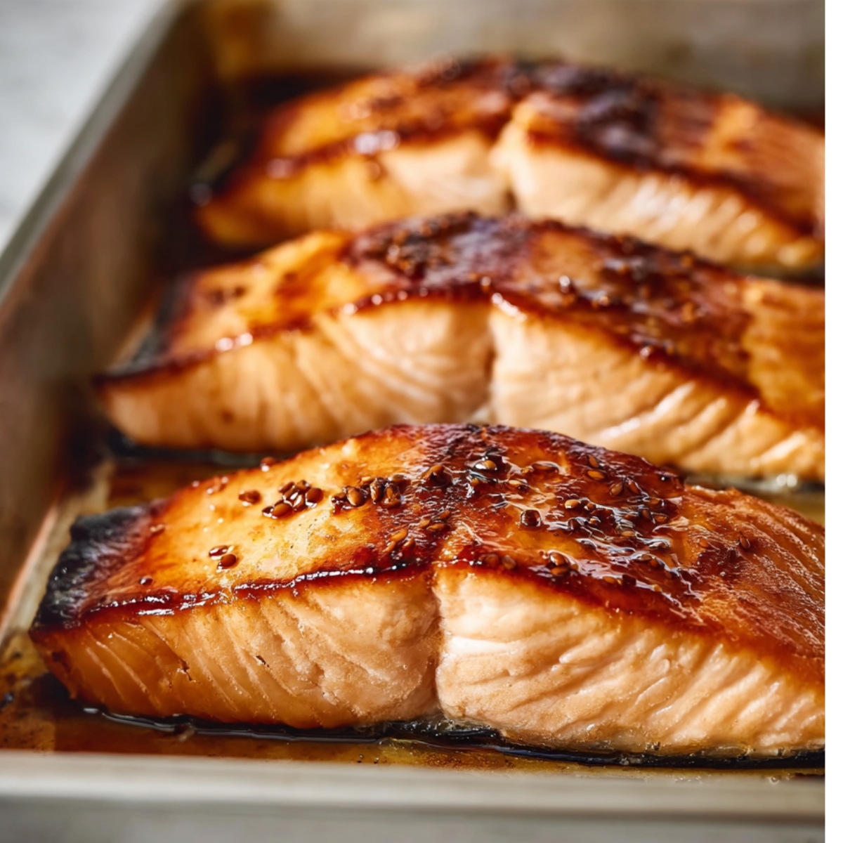 Caramelized miso-glazed salmon fillets baked in a roasting pan with glossy sauce and lightly charred edges.
