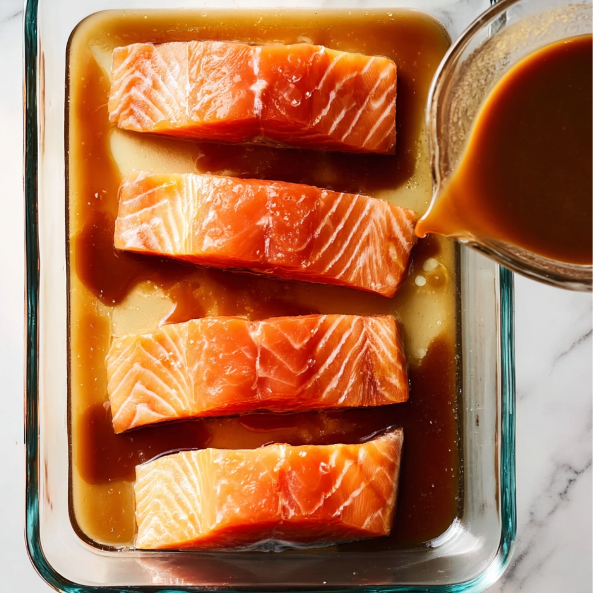 Raw salmon fillets in a glass baking dish being covered with soy-miso marinade poured from a small bowl.