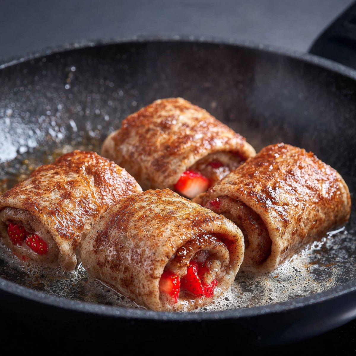 Create an image of golden-brown French toast roll-ups filled with fresh strawberries and chocolate hazelnut spread (like Nutella). Lightly dust with powdered sugar and place the roll-ups on a plate, with whole strawberries alongside them for a vibrant and delicious presentation.