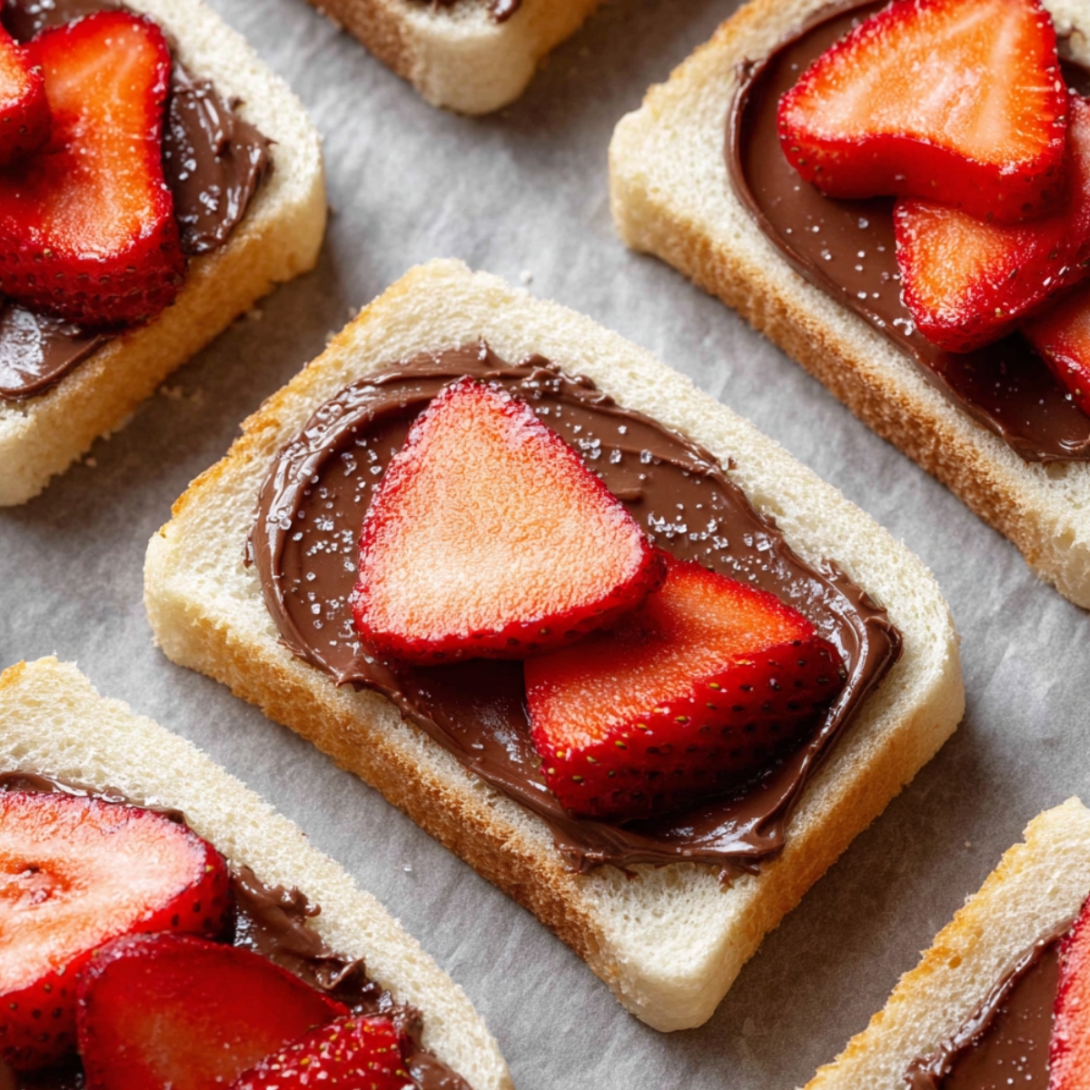 Generate an image of slices of white bread spread with smooth chocolate hazelnut spread, topped with fresh strawberry slices. The bread should be soft, and the spread should shine under the light. Arrange the slices neatly on parchment paper, showcasing the contrast between the rich spread and the bright, fresh strawberries.