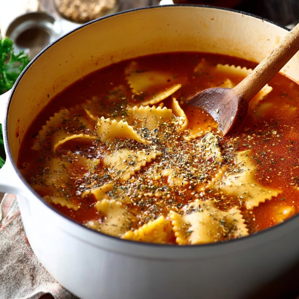 A large pot filled with lasagna soup ingredients. Broken lasagna noodles are floating in a flavorful tomato-based broth, with herbs and seasonings sprinkled on top, ready to simmer together for a hearty meal.
