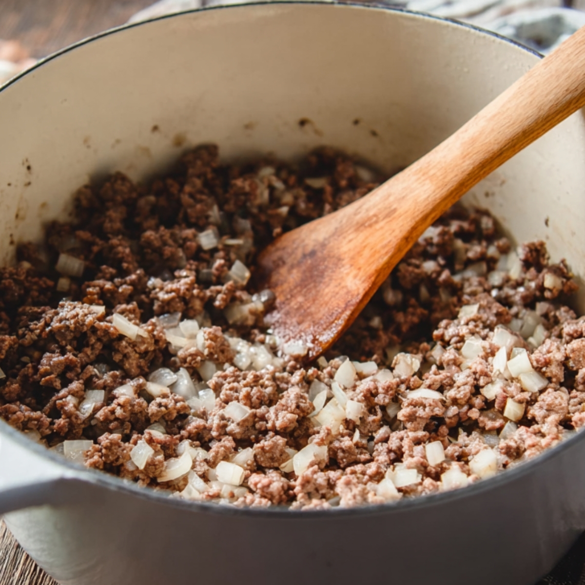 Ground beef and chopped onions being cooked together in a pot. This is the first step in making lasagna soup, where the beef is browned and the onions softened, adding a rich base for the soup's flavor.