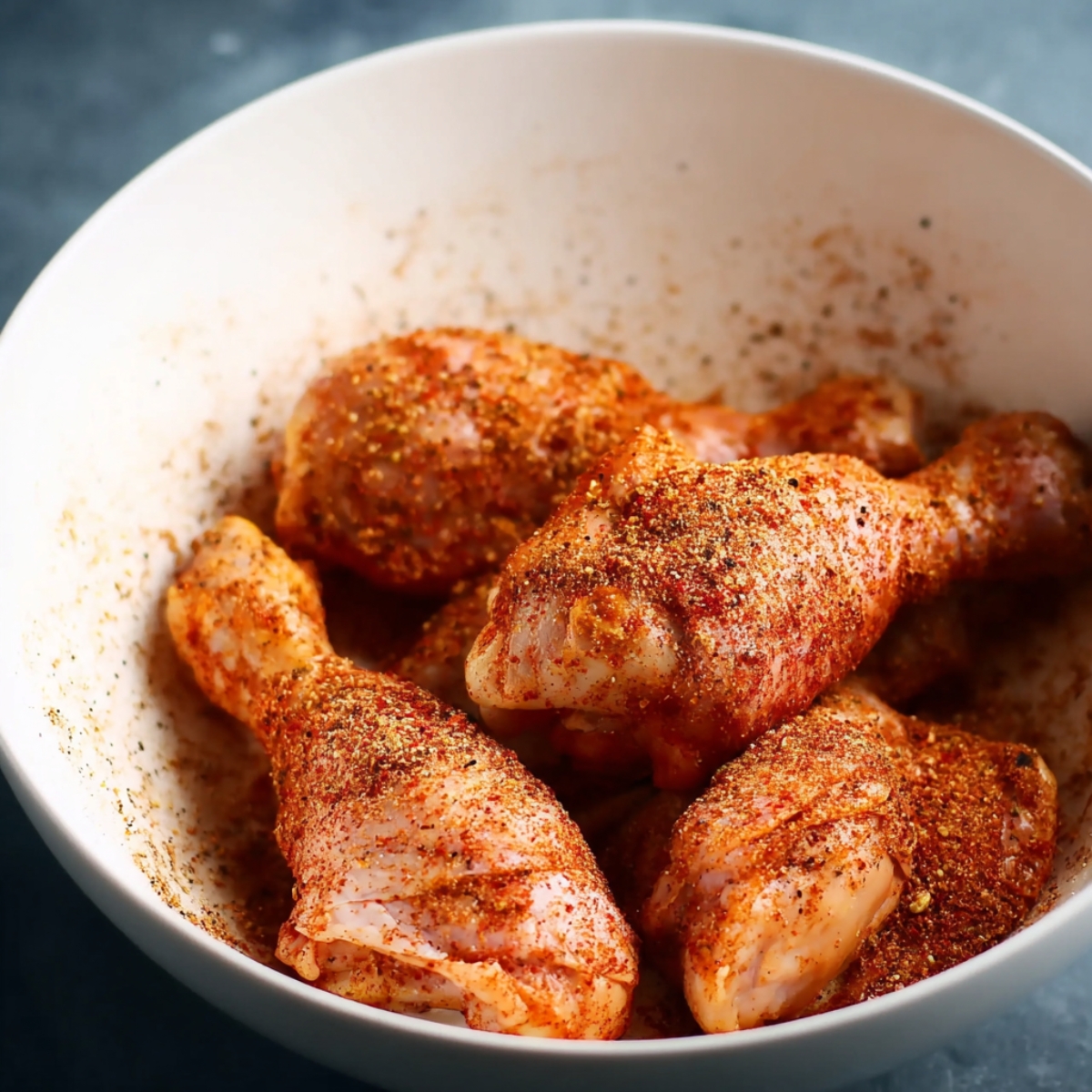 Close up of chicken drumsticks coated with a savory spice mix, prepped and ready for roasting. The rich, warm spices promise a flavorful and crispy outcome.