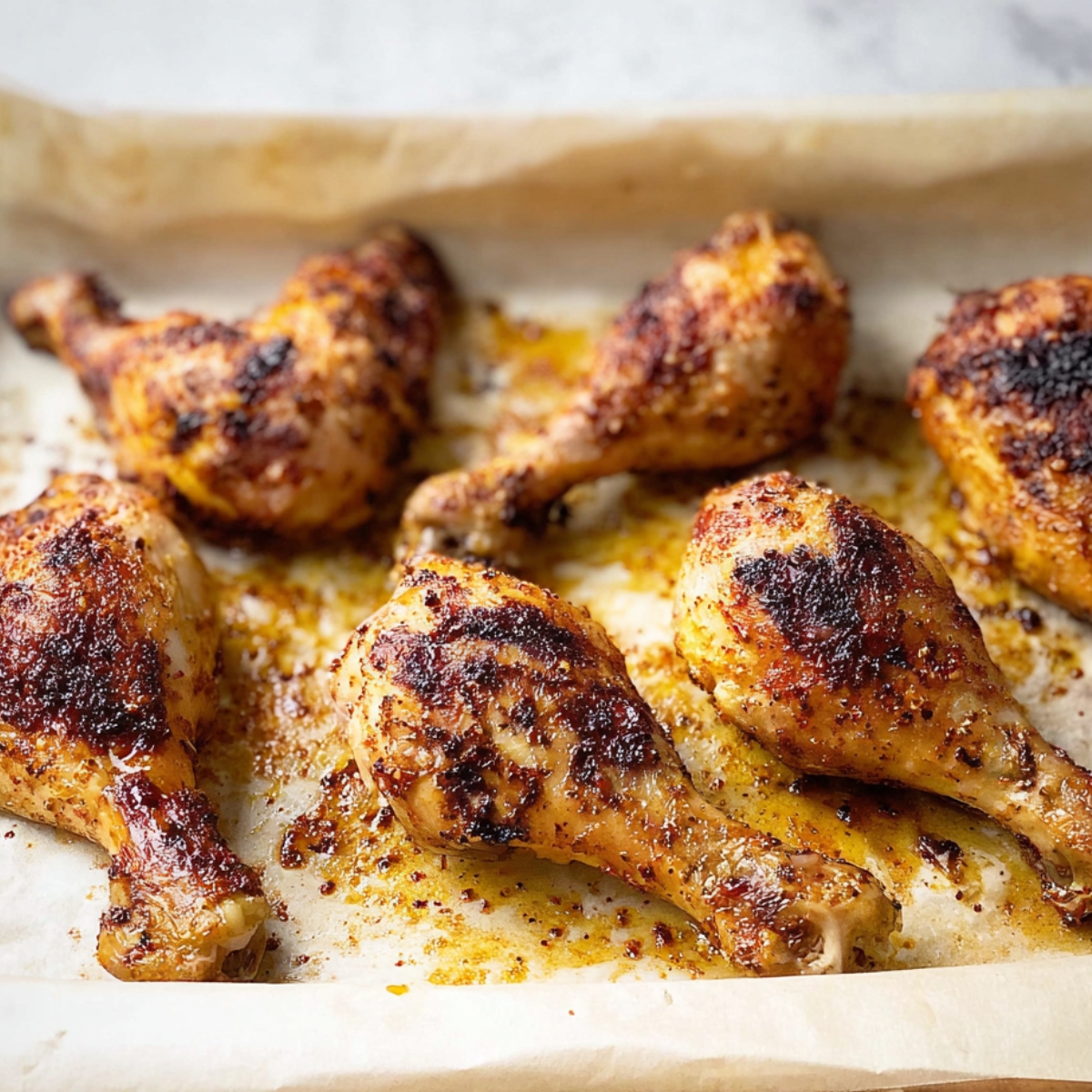 Close up of golden-brown roasted chicken drumsticks, crisped to perfection on a parchment-lined tray. The flavorful seasoning has caramelized around the edges, creating a mouthwatering glaze.