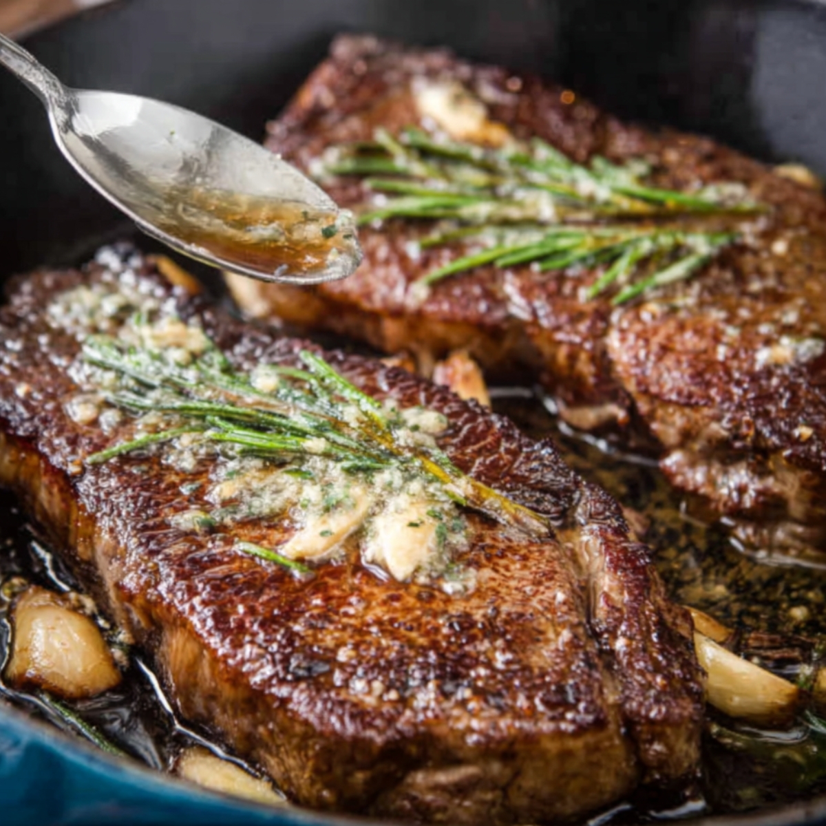 the sizzling sound of pan-searing steak, with rosemary and garlic gently caramelizing in the butter. The crispy sear forms a beautiful golden-brown crust, ensuring a tender and juicy interior.