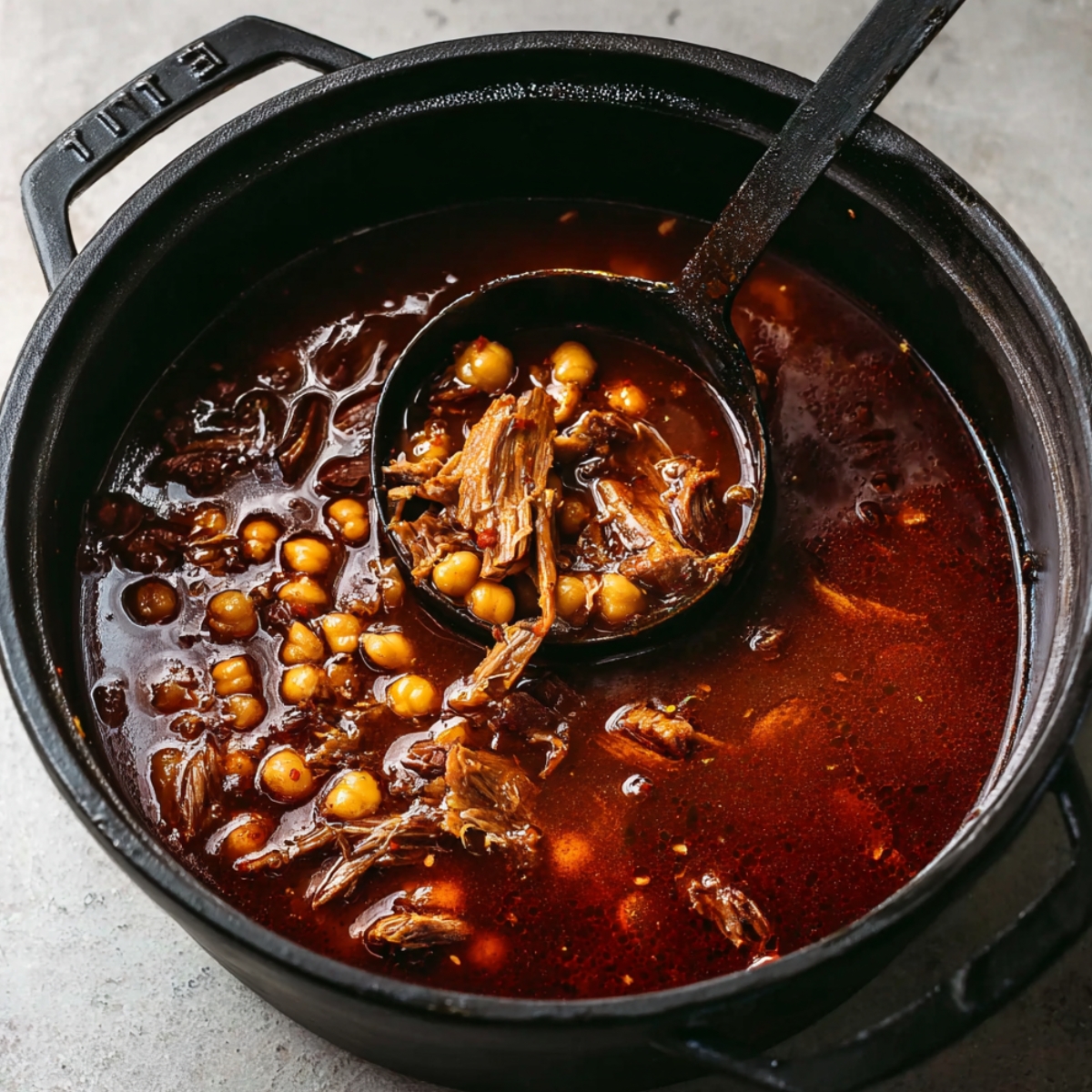 Black Dutch oven filled with pozole rojo, shredded pork and hominy in deep red chili broth, with a ladle scooping the soup.