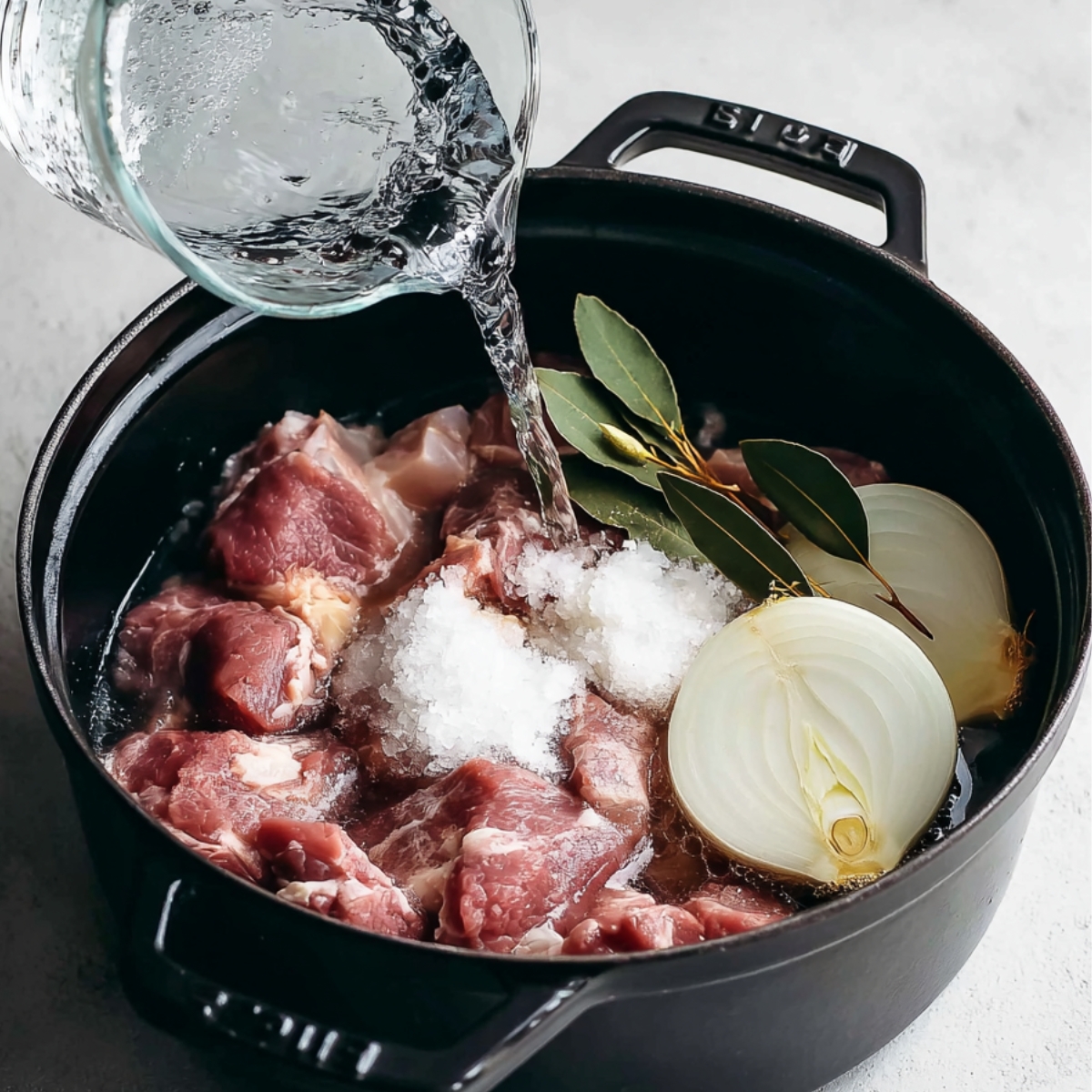 Raw pork chunks in a pot with halved onion, bay leaves, coarse salt, and water being poured in to prepare pozole rojo with pork.