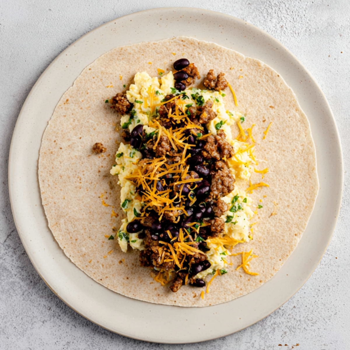 Top-down view of a whole wheat tortilla on a plate filled with scrambled eggs, sausage, black beans, and shredded cheddar cheese, ready to be wrapped into a burrito.