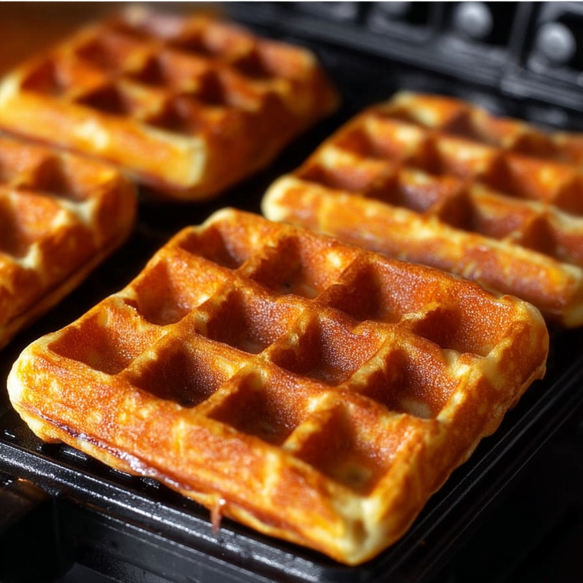 Close up of freshly cooked golden waffles in a waffle iron, crisp edges and deep square pockets, rich caramelized surface, hot and steaming, high detail texture, warm kitchen lighting, realistic food photography, shallow depth of field, sharp focus on the waffle grid pattern.