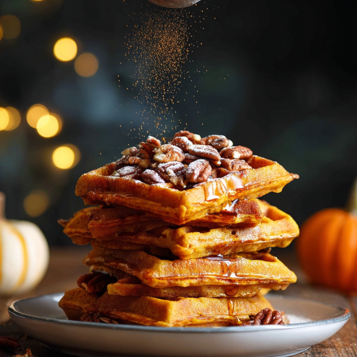 Close up of a tall stack of golden, crispy waffles on a white plate, warm maple syrup being poured from a small white pitcher over the top, syrup cascading down the sides, topped with pecans, cozy autumn ambiance with soft bokeh lights in the background, rich warm tones, shallow depth of field, ultra-detailed food photography, natural lighting, high resolution.