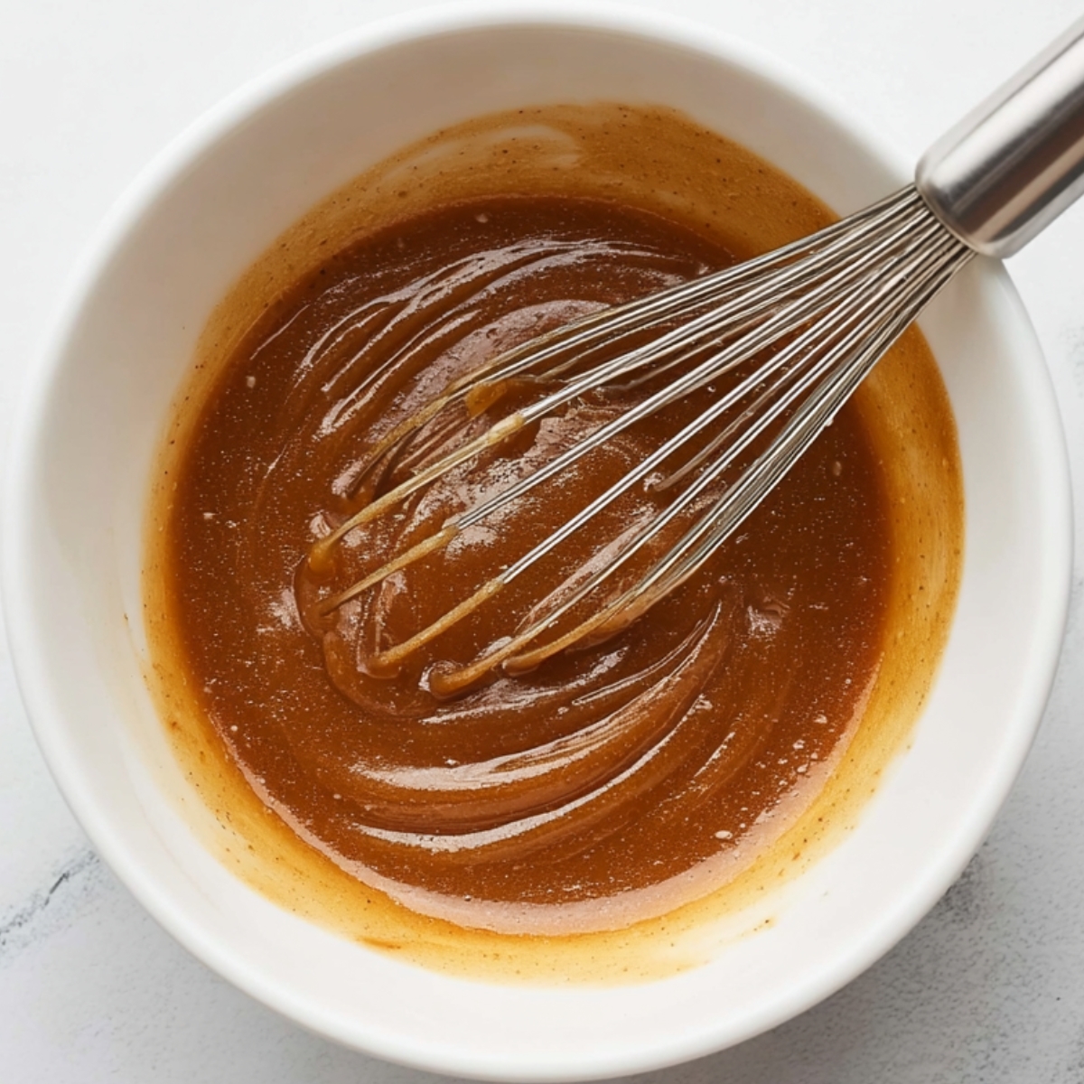 Close-up overhead shot of creamy sesame dressing being whisked in a white bowl. Smooth, glossy brown sauce with visible swirl texture. Minimal marble background, soft natural light, clean and modern kitchen aesthetic.