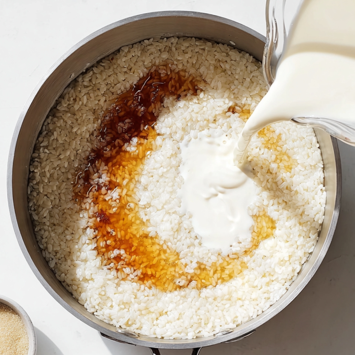 Milk being poured into a saucepan filled with uncooked rice, sugar, and vanilla, photographed from above on a light countertop.