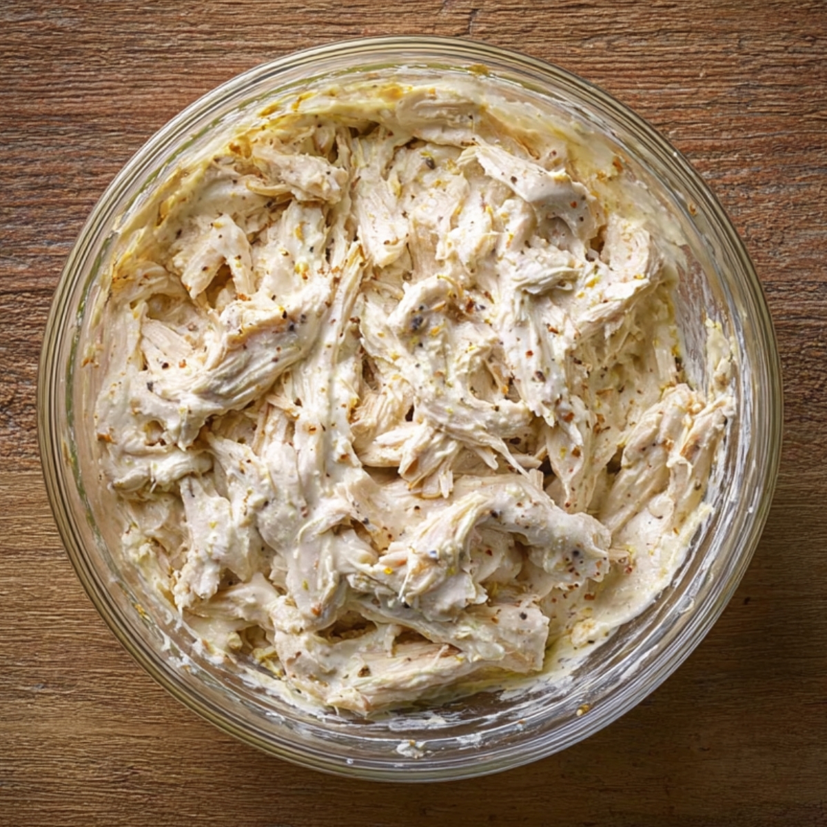Shredded Chicken for Casserole: The third image shows shredded chicken mixed with seasonings and salsa verde, prepared as a filling for the casserole. The mixture looks creamy, flavorful, and ready to be added to the casserole layers.