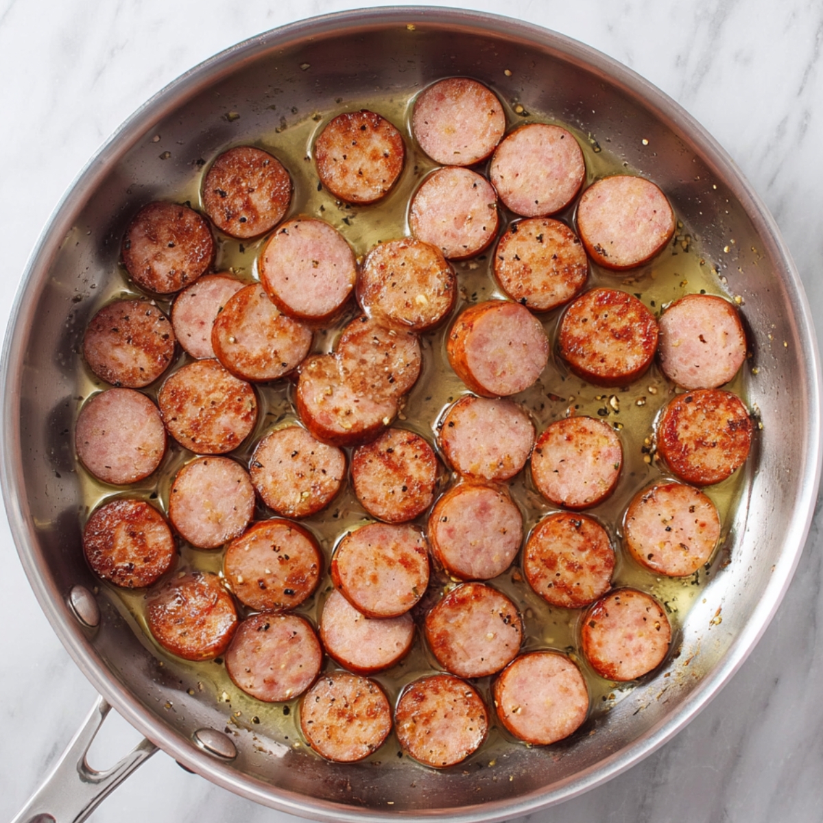Sliced turkey sausage browning in a stainless steel pan with lightly caramelized edges during cooking process.