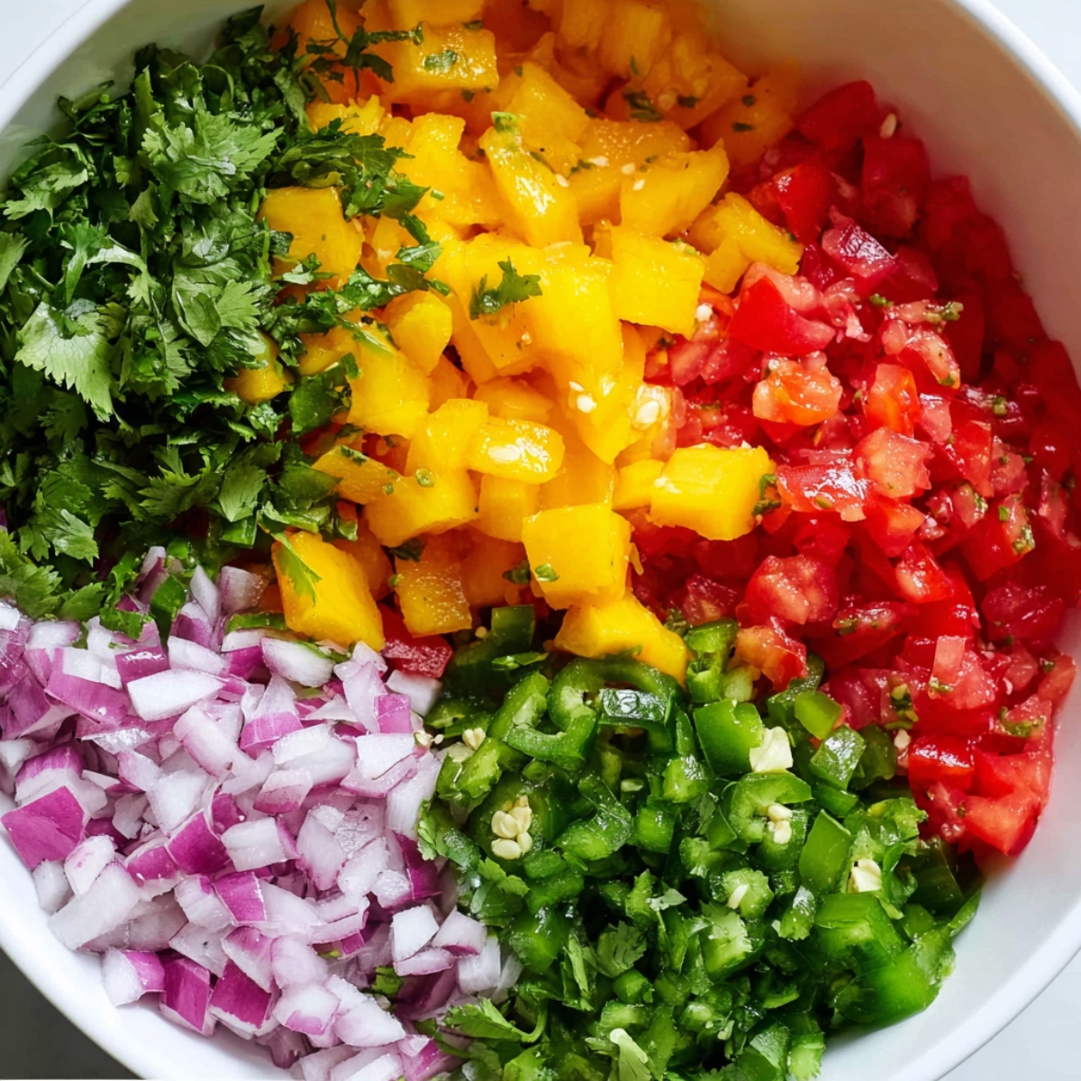 White bowl filled with chopped mango, diced tomatoes, red onion, sliced jalapeños, and fresh cilantro for homemade mango salsa.