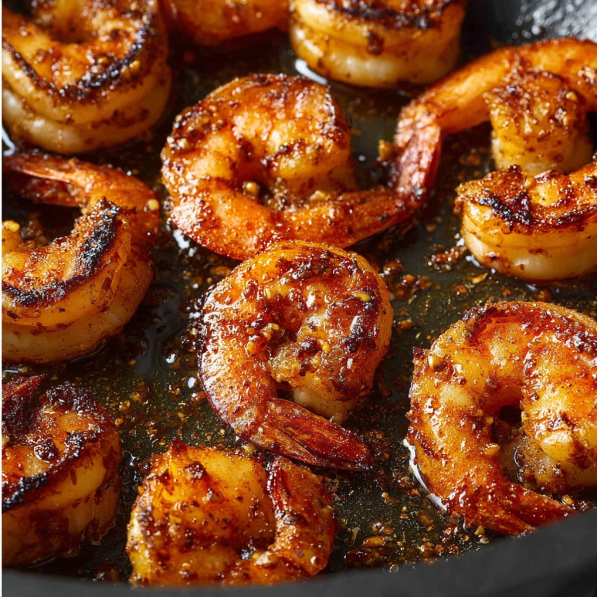 Close-up of garlic butter shrimp searing in a skillet with caramelized edges and rich golden glaze.
