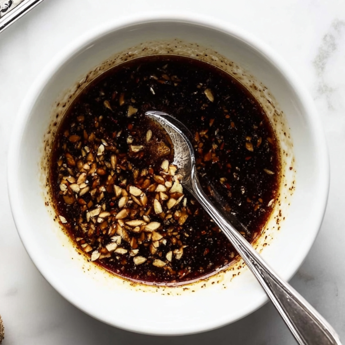 Small white bowl filled with soy garlic sauce mixed with chopped garlic and spices, with a spoon resting inside on a marble surface.