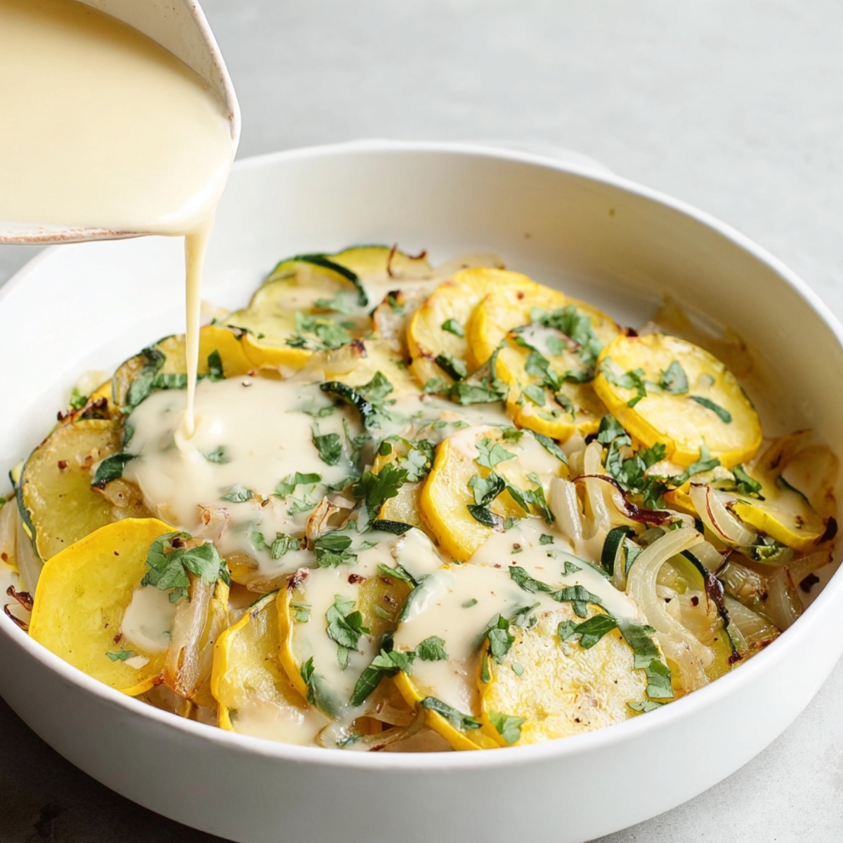 Close up of a creamy yellow squash casserole being prepared, with a drizzle of herbed sauce and tender squash slices.
