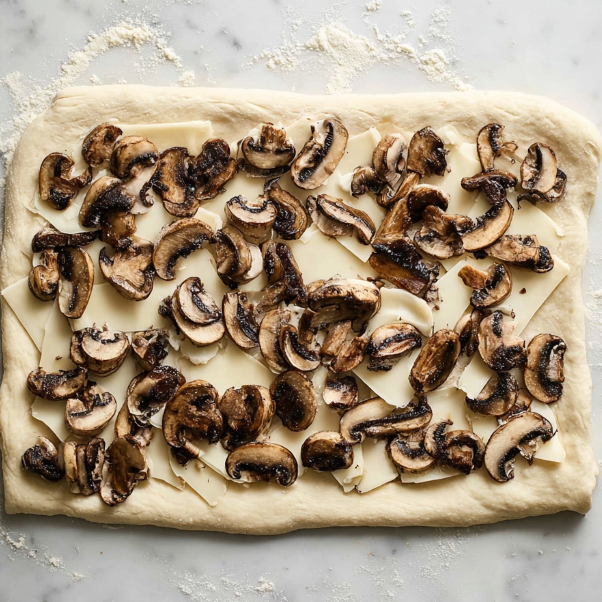 Overhead shot of rectangular rolled pizza dough on a marble surface, layered with overlapping slices of pale white cheese and topped with sautéed brown mushrooms. Rustic homemade preparation scene, soft natural light, realistic textures, minimal styling, high-resolution food photography.