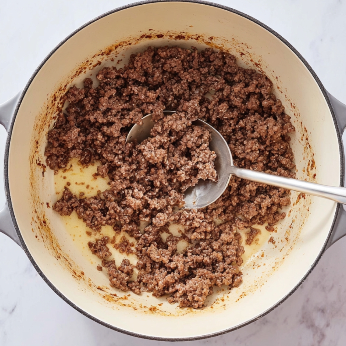 Ground beef browning in a light-colored Dutch oven with a spoon lifting cooked meat, showing caramelized bits for a Texas chili recipe.