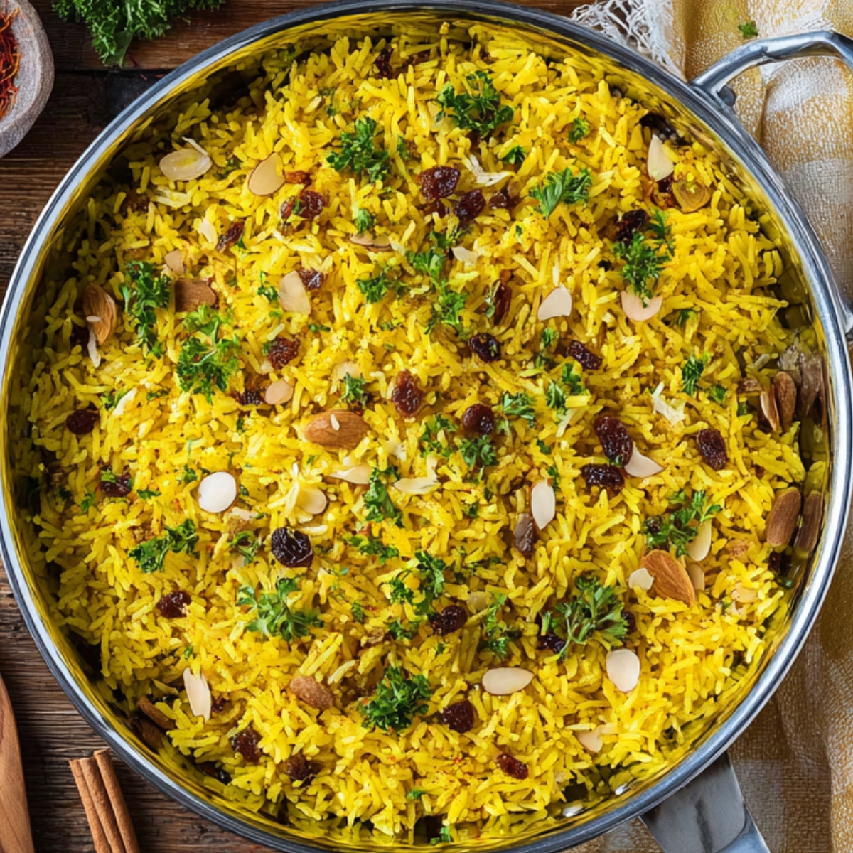Overhead view of saffron yellow basmati rice in a large skillet, topped with raisins, sliced almonds, and fresh parsley on a rustic wooden table.