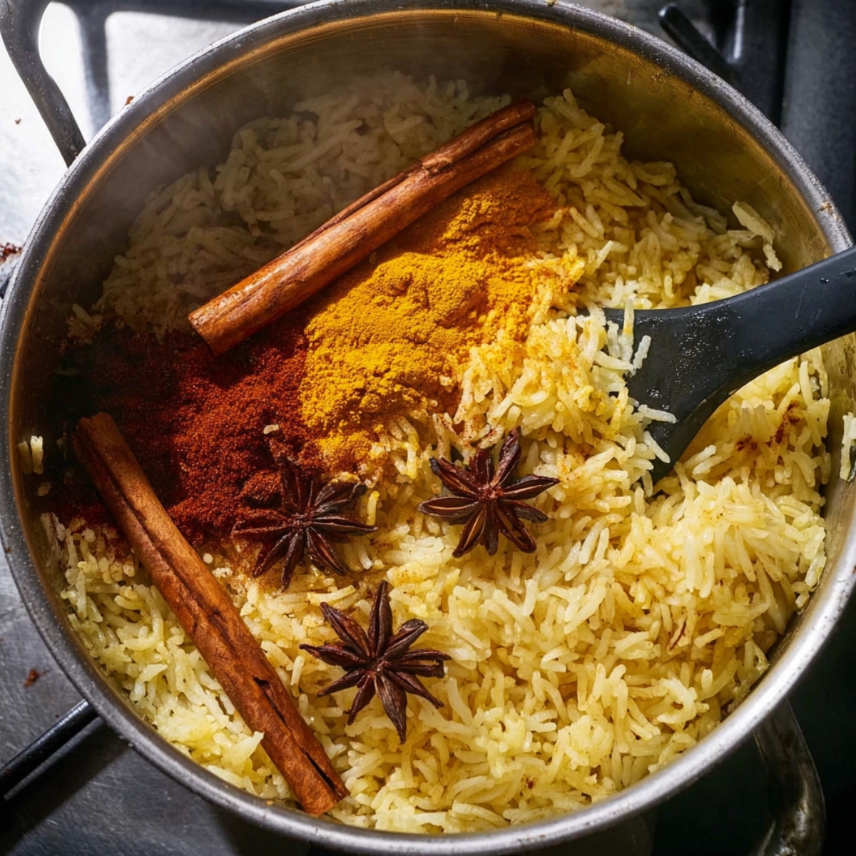 Basmati rice cooking in a stainless steel pot with turmeric and paprika spices, cinnamon sticks, and star anise, stirred with a black spatula on the stovetop.