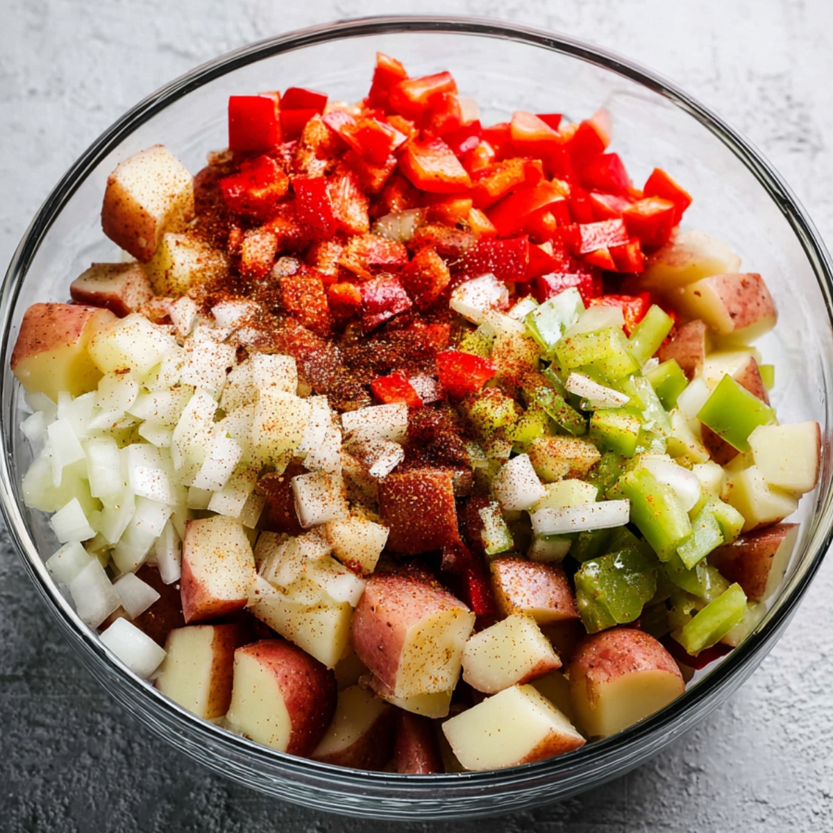 A clear glass bowl filled with chopped red potatoes, diced red and green bell peppers, onions, and seasoning, ready to be mixed before roasting.