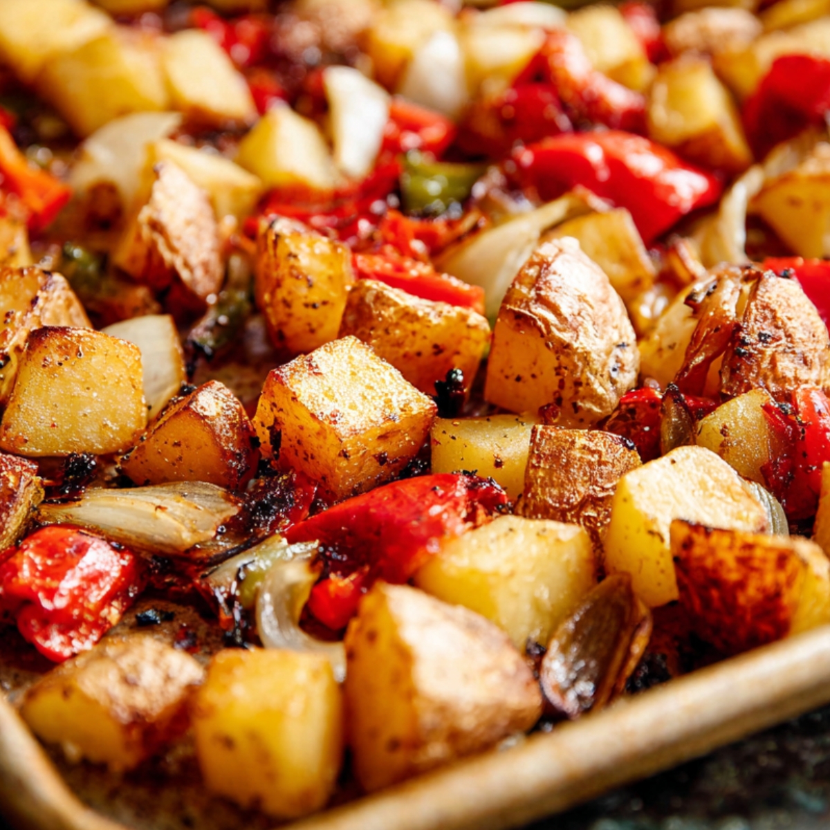 Close-up of golden-brown roasted breakfast potatoes with red peppers and caramelized onions spread across a metal baking sheet, showing crispy edges and slight char marks.