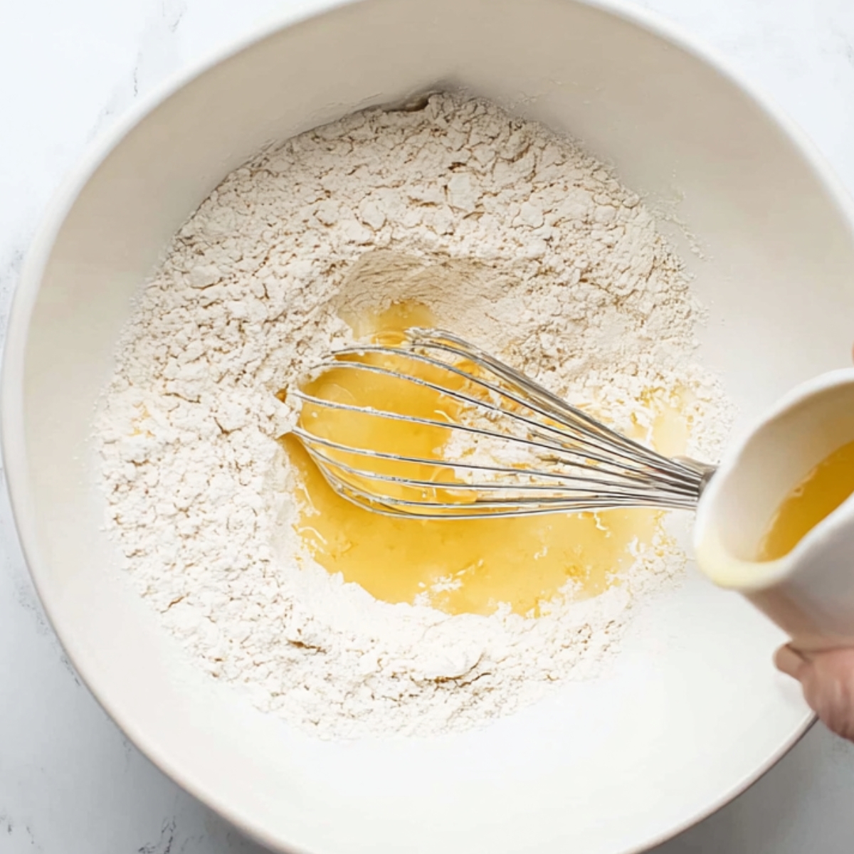 Overhead kitchen preparation scene of flour and liquid ingredients in a white mixing bowl on a marble countertop. A metal whisk rests inside the bowl while melted butter is being poured from a small white cup by a hand. Bright natural lighting, airy aesthetic, clean background, realistic baking process photography, sharp focus, high resolution, 4k detail.