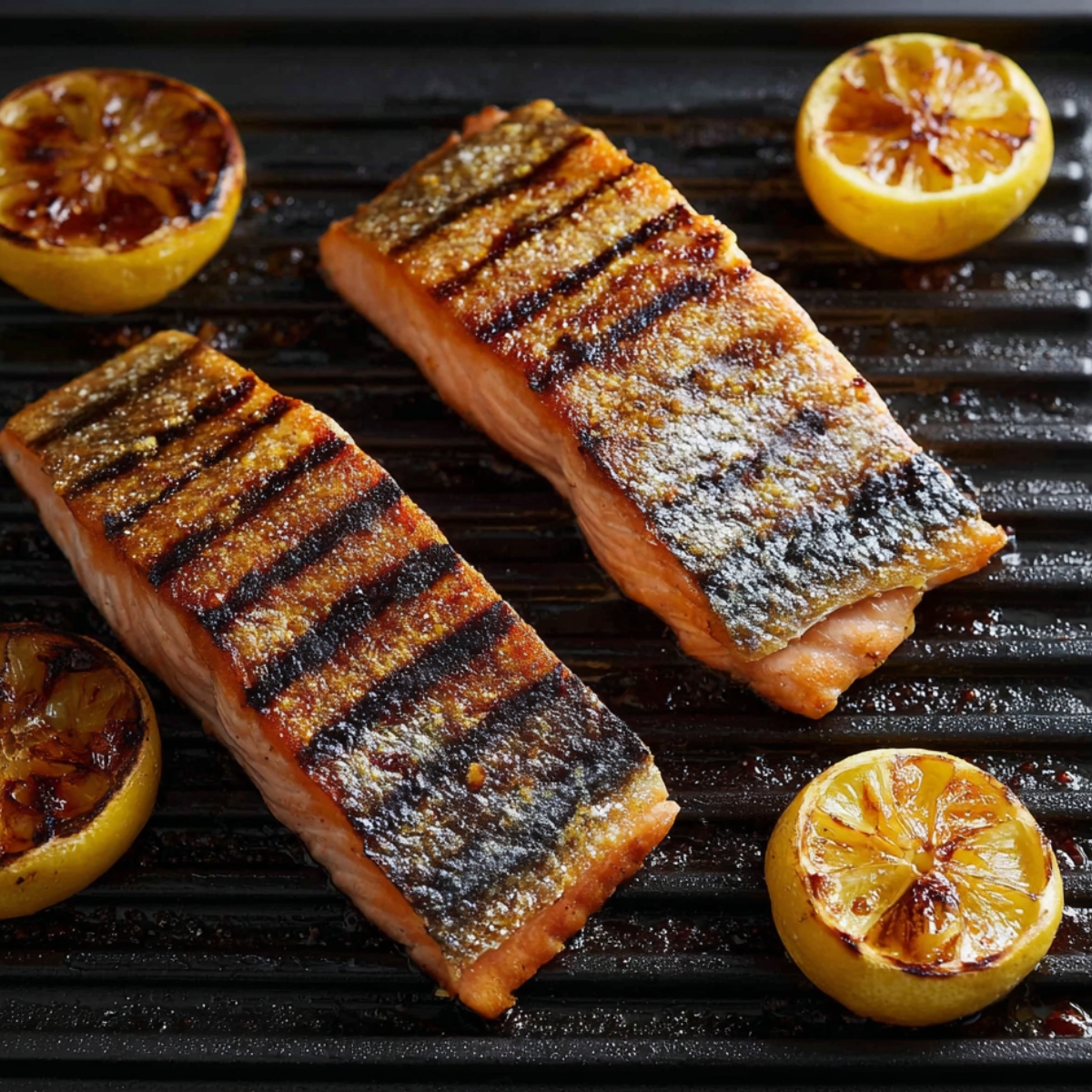 Close up of grilled salmon fillets with crisp skin, showing golden-brown grill marks and accompanied by charred lemon slices, capturing the sizzle and smoky flavor of the grill.