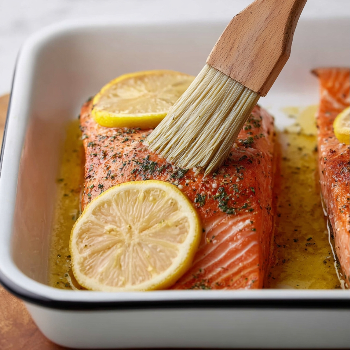 Close up of a fresh salmon fillet being brushed with marinade and garnished with lemon slices, highlighting the vibrant pink color of the fish and the subtle texture of the skin.